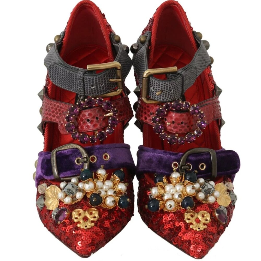DG RED SEQUINED CRYSTAL STUDS HEELS SHOES